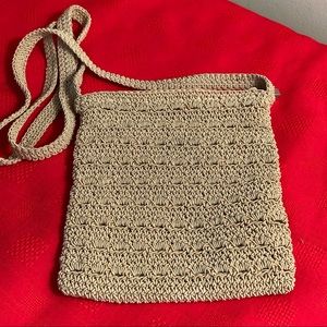 Beige Tan Crocheted Knit Crossbody Small Purse Bag with Zipper Closure